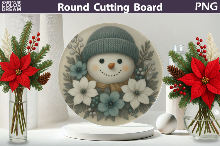 Snowman Floral Kitchen | Christmas Round Cutting Board