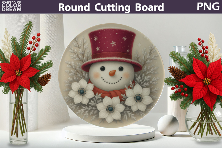Snowman Floral Kitchen | Christmas Round Cutting Board