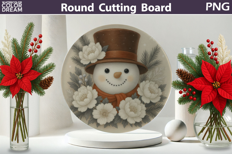 Snowman Floral Kitchen | Christmas Round Cutting Board