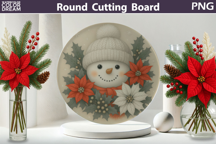 Snowman Floral Kitchen | Christmas Round Cutting Board