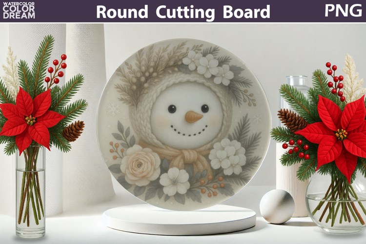 Snowman Floral Kitchen | Christmas Round Cutting Board