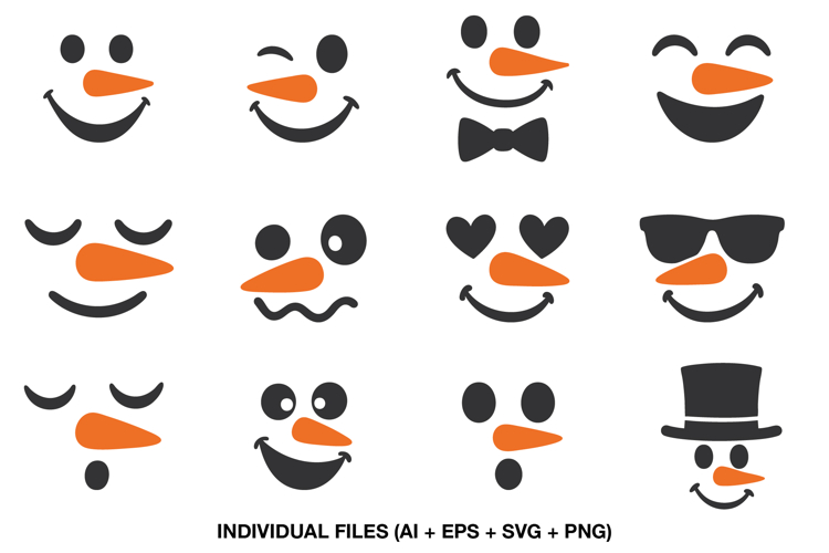 Set of 12 cute snowman face SVG designs with different expressions, perfect for Christmas crafts, Cricut and Silhouette projects.