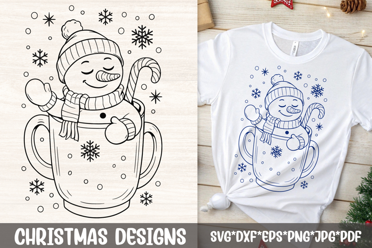 Snowman In Mug SVG | Candy Cane Cocoa Cup Christmas Line Art