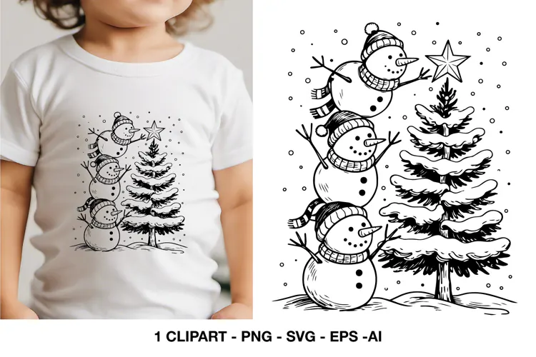 Christmas Snowman Clipart with Snowy Tree for Winter Crafts