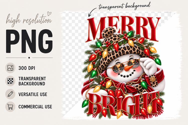 Merry Bright png, Snowman Christmas Sublimation Design