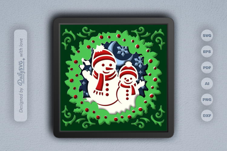 Snowman Mom and Kid Christmas Wreath Layered Papercut