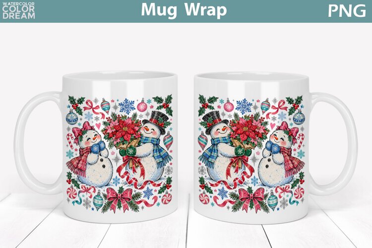 Christmas Snowman Couple | Floral Holiday Mug Wrap example image 1