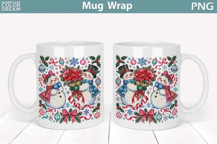 Christmas Snowman Couple | Floral Holiday Mug Wrap