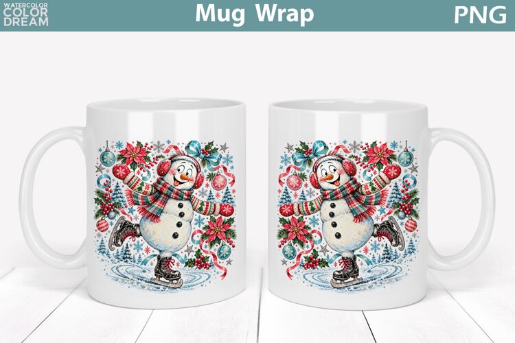 Christmas Snowman Mug Wrap | Ice Skating Sublimation example image 1