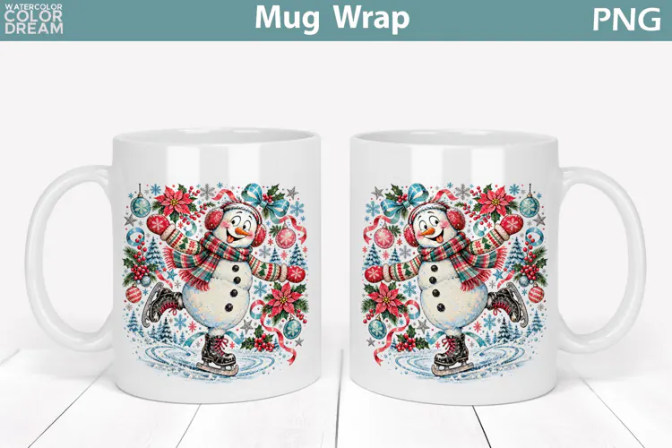 Christmas Snowman Mug Wrap | Ice Skating Sublimation