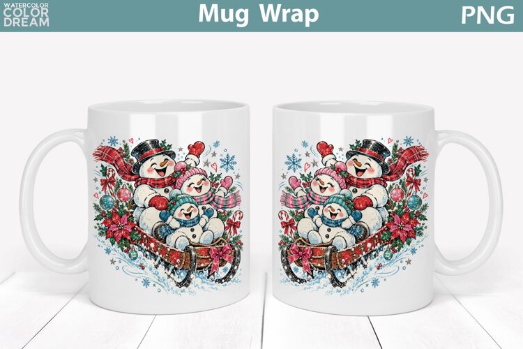 Christmas Snowman Family Mug Wrap | Sledding Sublimation example image 1