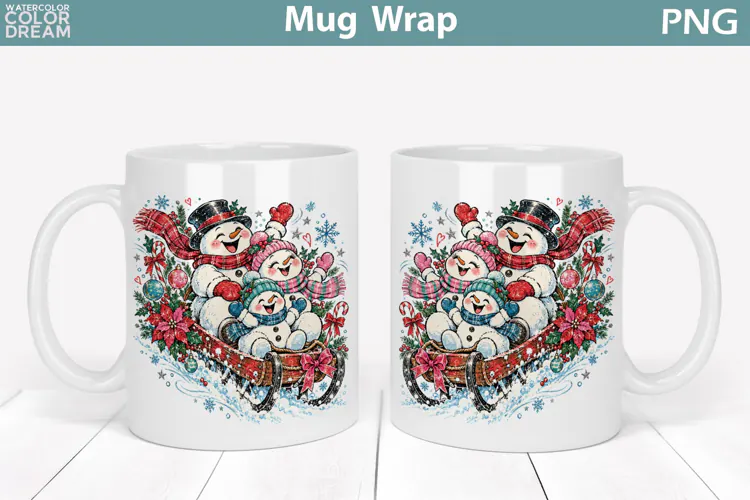 Christmas Snowman Family Mug Wrap | Sledding Sublimation