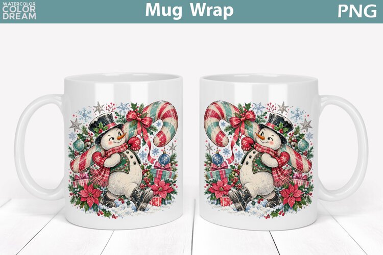 Cute Christmas Snowman | Candy Cane Mug Wrap example image 1