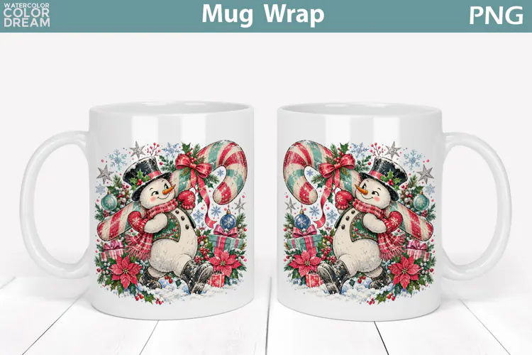 Cute Christmas Snowman | Candy Cane Mug Wrap