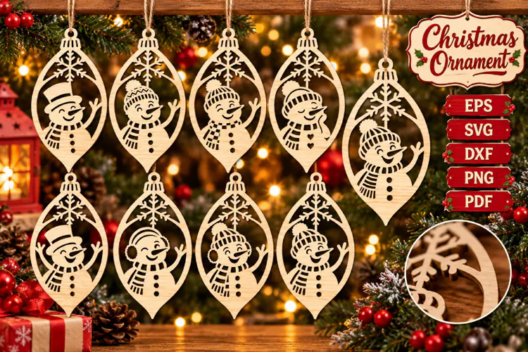Snowman Ornament SVG, Laser Cut Wood Bauble Files