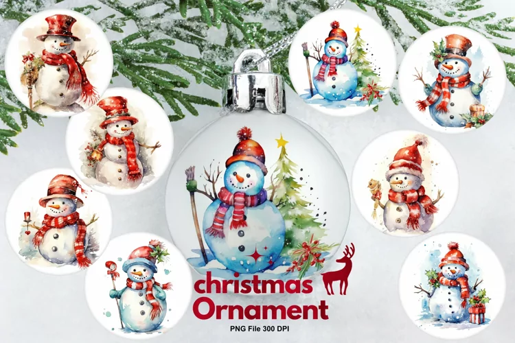 Christmas Ornament Round Snowman Watercolor Sublimation