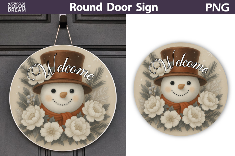 Christmas Round Sign | Snowman Floral Sublimation