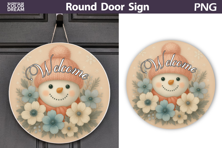 Christmas Round Sign | Snowman Floral Sublimation