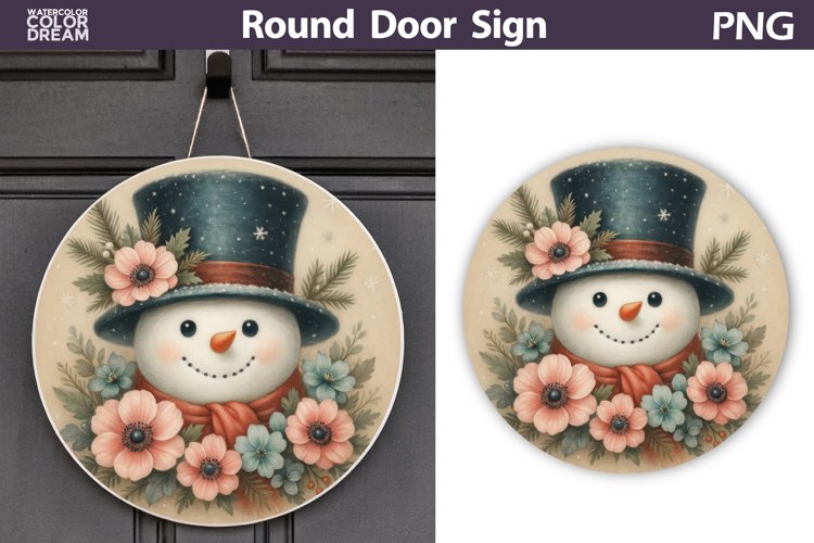 Christmas Round Sign | Snowman Floral Sublimation