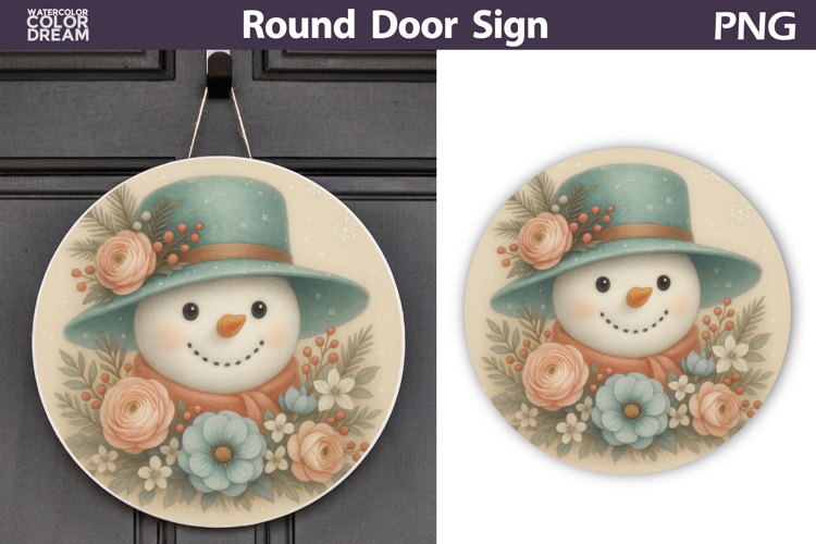 Christmas Round Sign | Snowman Floral Sublimation