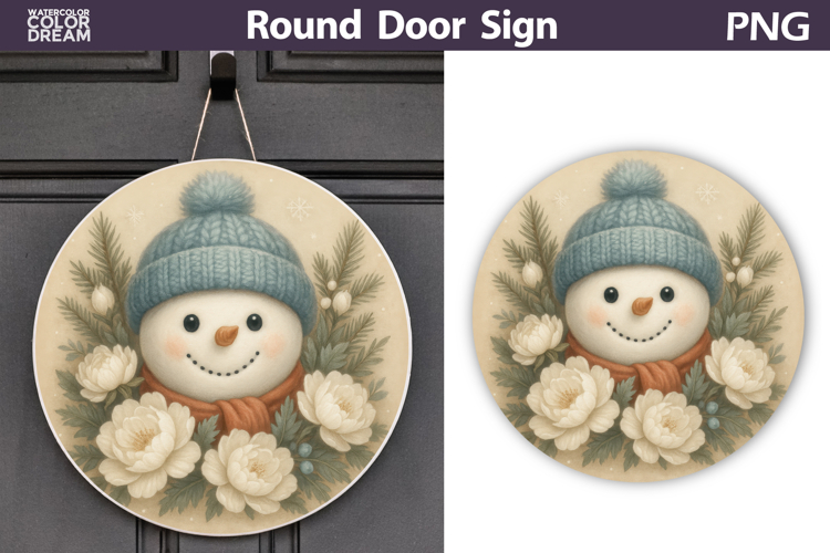 Christmas Round Sign | Snowman Floral Sublimation