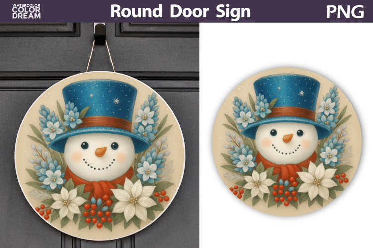 Christmas Round Sign | Snowman Floral Sublimation