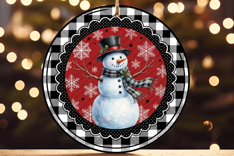 Snowman Top Hat Buffalo Plaid Ornament example image 1