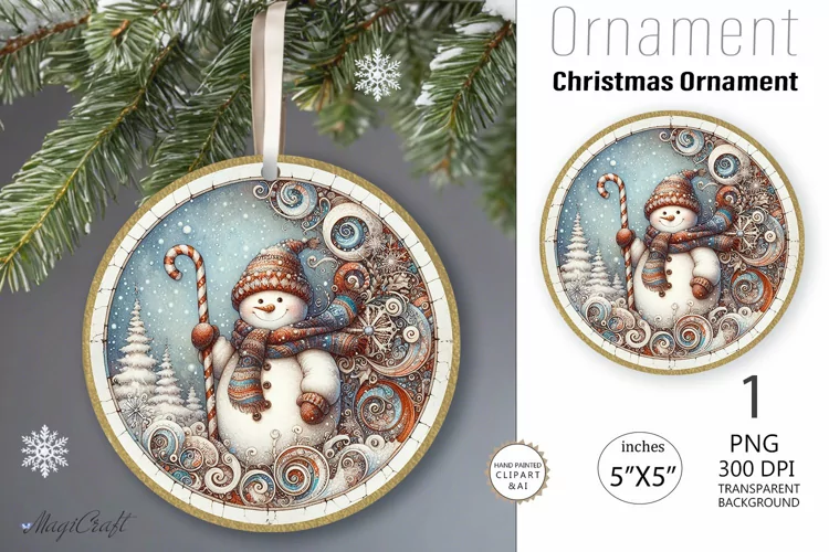 Vintage Snowman Ornament| Round Christmas Ornamen| Snowman