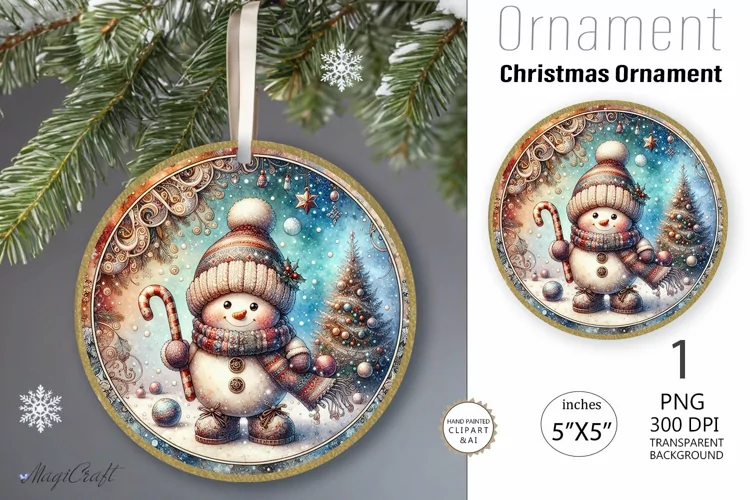 Vintage Snowman Ornament| Round Christmas Ornamen| Snowman