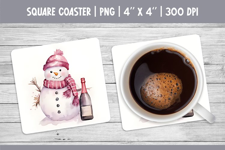 Watercolor Square Coaster Sublimation Design Snowman & Wine example image 1