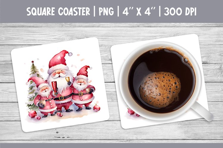 Watercolor Square Coaster Sublimation Design | Santa & Wine