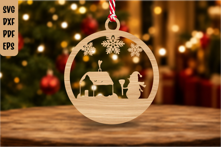 Snowman Winter Cabin Christmas Ornament Laser Cut SVG