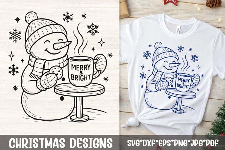 Snowman With Cookie & Merry Mug SVG | Christmas Line Art