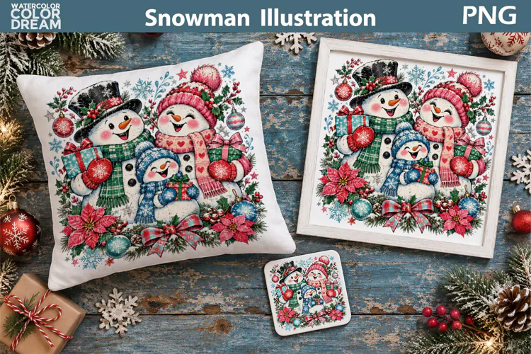Christmas Snowman Family | Holiday Sublimation Art