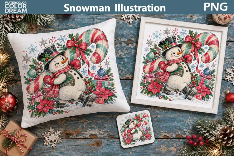 Christmas Snowman Candy Cane | Holiday Sublimation Art