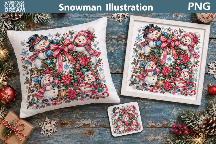 Snowman Christmas Wreath | Holiday Sublimation Art example image 1