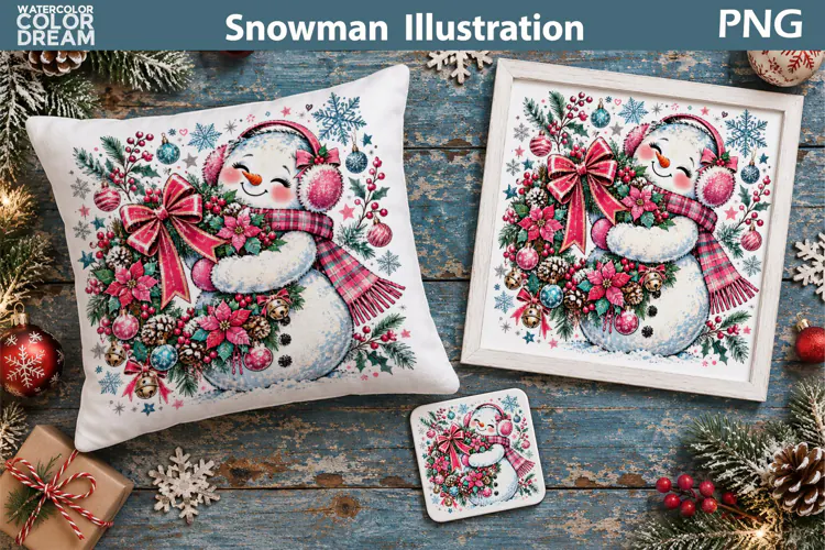 Cute Snowman Wreath Illustration | Christmas Sublimation