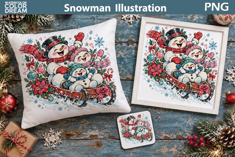 Snowman Family Sleigh Ride | Christmas Sublimation example image 1