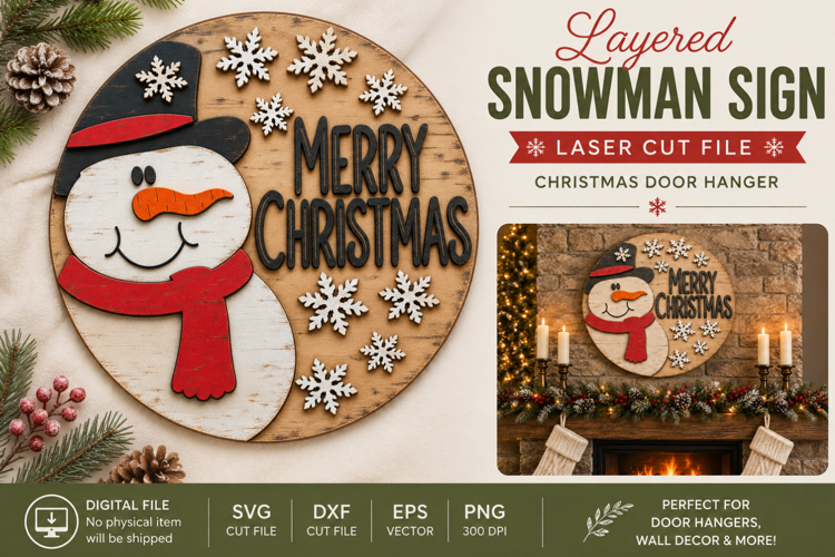 Merry Christmas Snowman Door Hanger SVG | Layered Laser Cut
