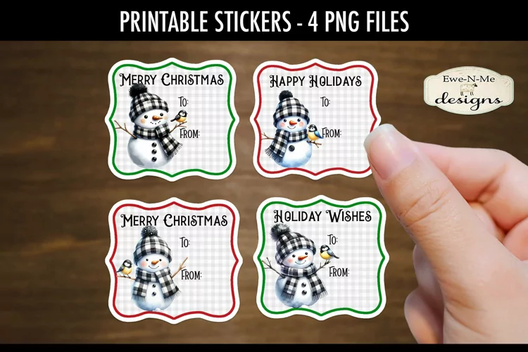Buffalo Plaid Snowman Printable Gift Tag Stickers | 4 PNG