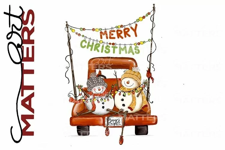 Snowmen Vintage Truck Merry Christmas- 300 DPI - Hand Paint