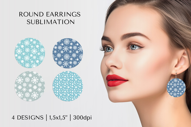 Winter earrings sublimation. Snowflakes round earring PNG 14