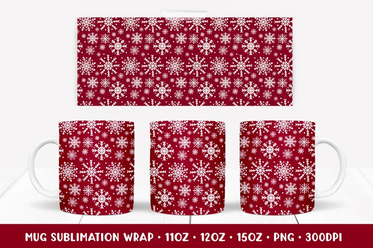 Winter Snowflakes Mug Sublimation Design. Red Mug Wrap