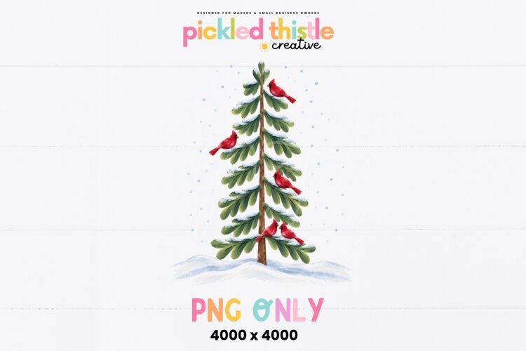 A festive cardinal PNG graphic with loose, visible brushstrokes, rich green pine boughs, soft blue-white snow, and bright crimson birds against an open background.