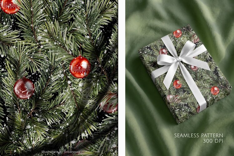 Snowy Fir Branches and Red Christmas Baubles Pattern example image 1