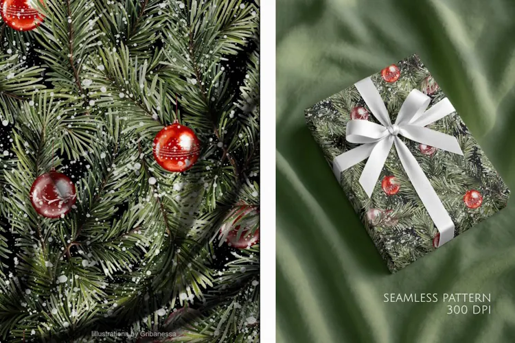Snowy Fir Branches and Red Christmas Baubles Pattern