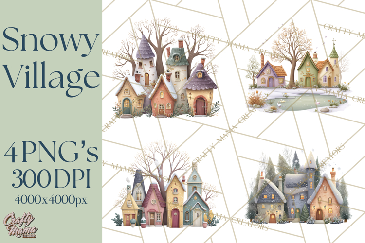 Snowy Village Clipart PNG, Cozy Winter Cottages