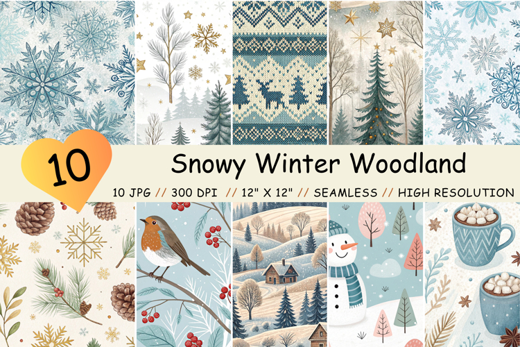 Snowy Winter Woodland Digital Paper, Cozy Snowflake