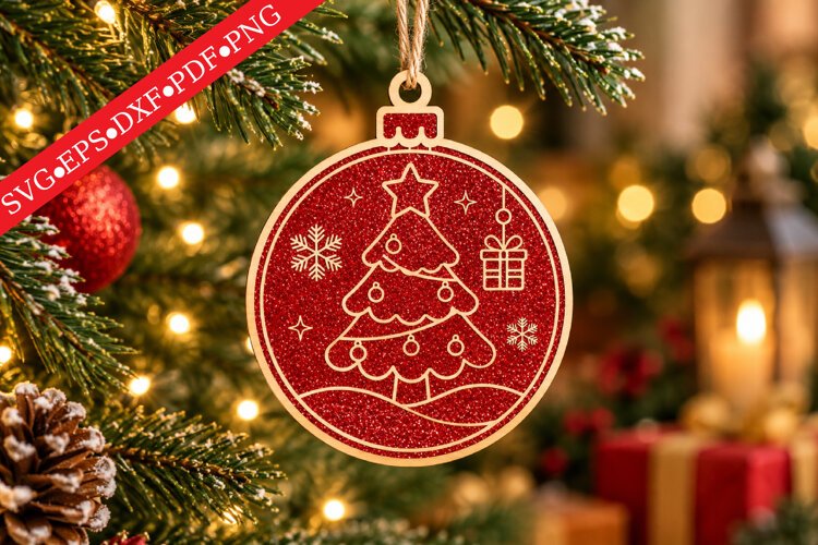 Snowy Wooden Christmas Tree Ornament SVG example image 1