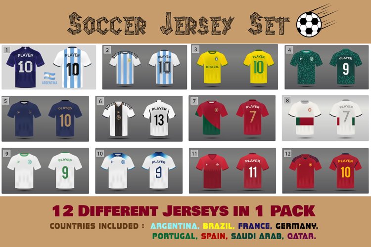 Soccer Jersey Set of 9 Countries With 12 Different Designs